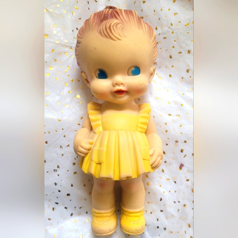 Adorable 1950 Sun Company Rubber Doll in Yellow Dress